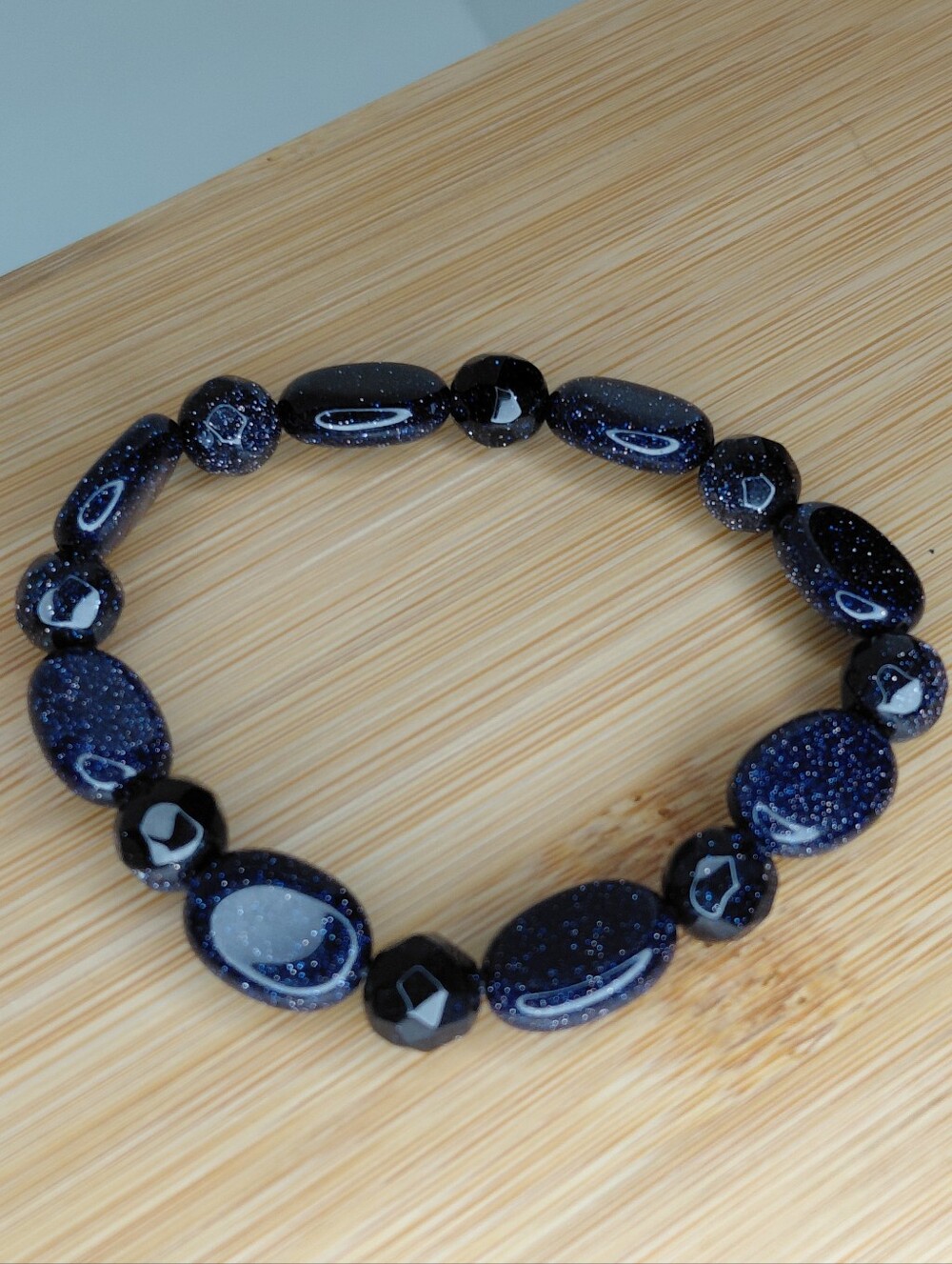 Hand Made Blue Goldstone Beaded Stretch Bracelet About 6.25 Inches - Picture 7 of 10